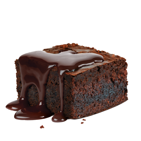 Thick chocolate brownie slice topped with glossy melted chocolate sauce